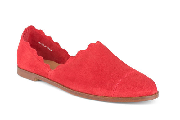 Georgette scalloped flat in rich red suede.  The perfect flat shoe. 